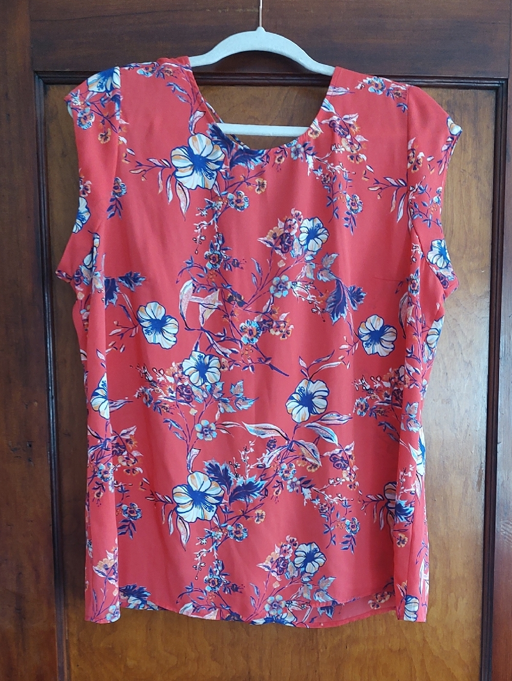 DR2 Coral Floral Cap-Sleeve Blouse with Blue & White Blooms